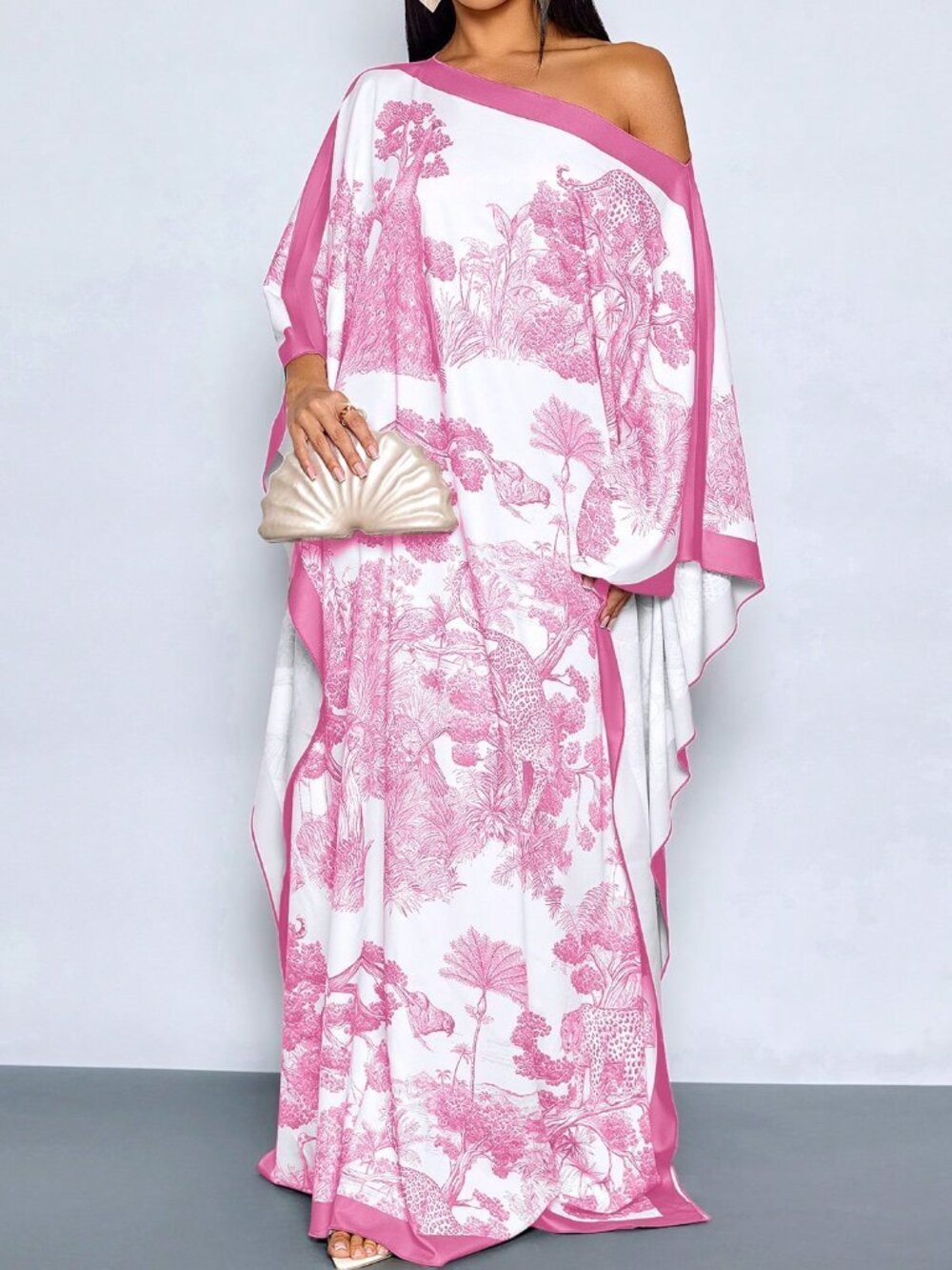 Pink Boho Women's Maxi Dress with Cape Shawl, Floral Print, Batwing Sleeves